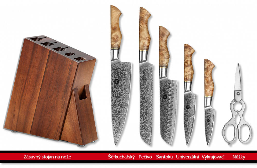 Sada pěti kuchařských nožů NAIFU řady MASTER se zásuvným stojanem a nůžkami