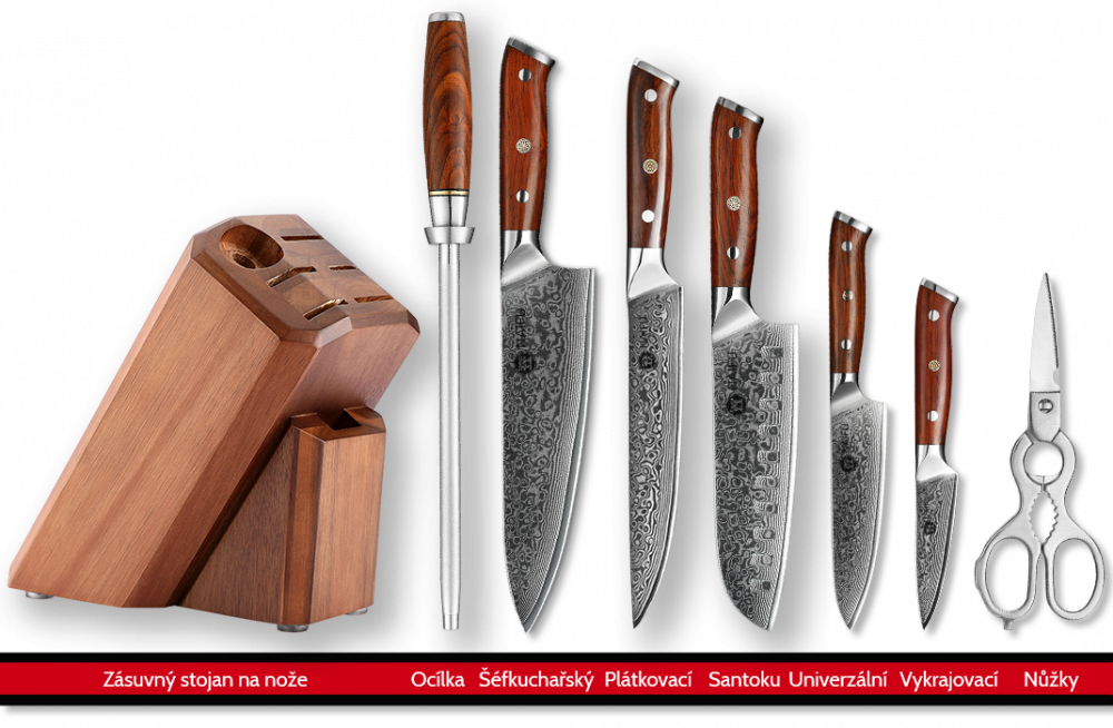 Sada pěti kuchařských nožů NAIFU se zásuvným stojanem diamantovou ocílkou a nůžkami