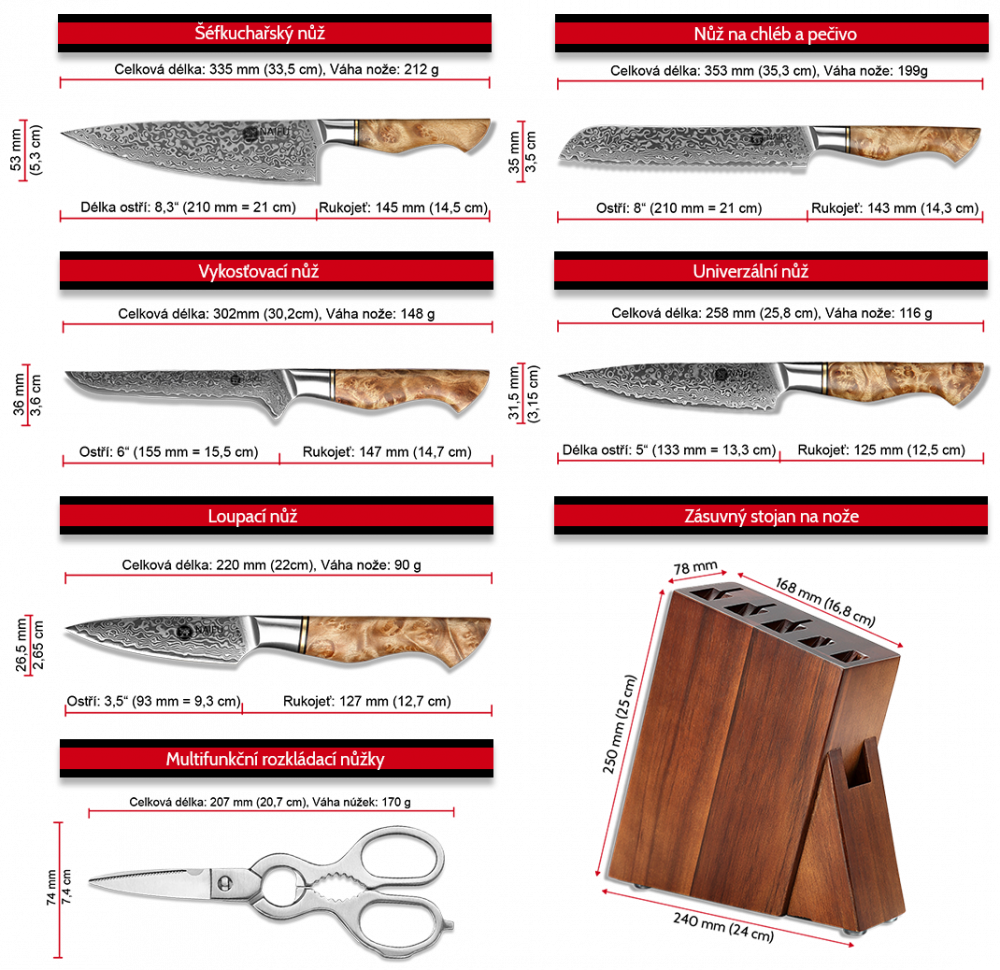 Rozměry nožů v pětidílné sadě NAIFU řady MASTER se zásuvným stojanem a nůžkami