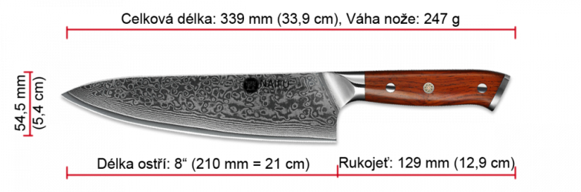 Šéfkuchařský nůž 8" o celkové délce 33,9 cm