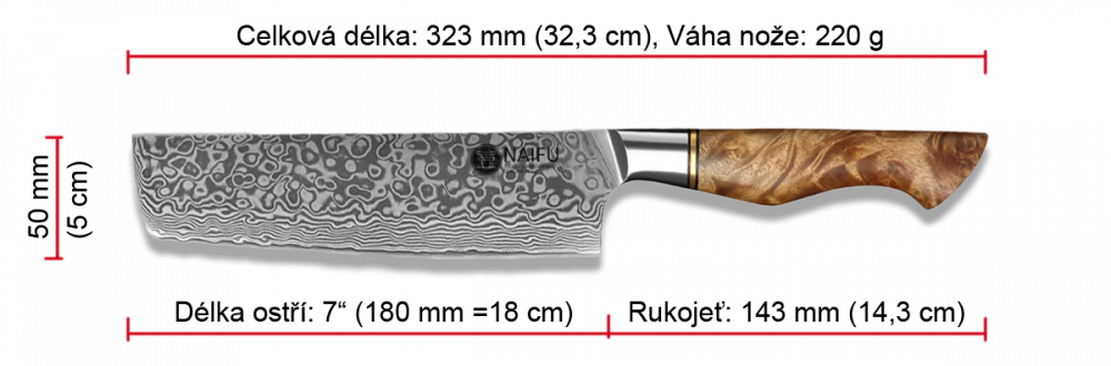 Rozměry nože NAIFU MASTER Nakiri 323mm