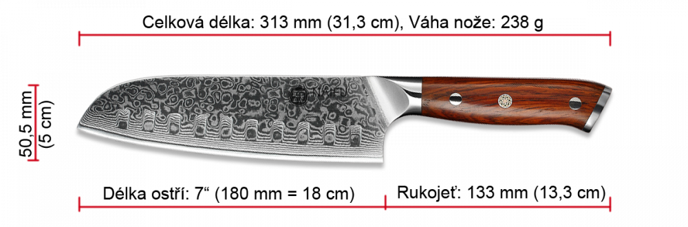 Santoku nůž NAIFU 7" 31 cm - rozměry