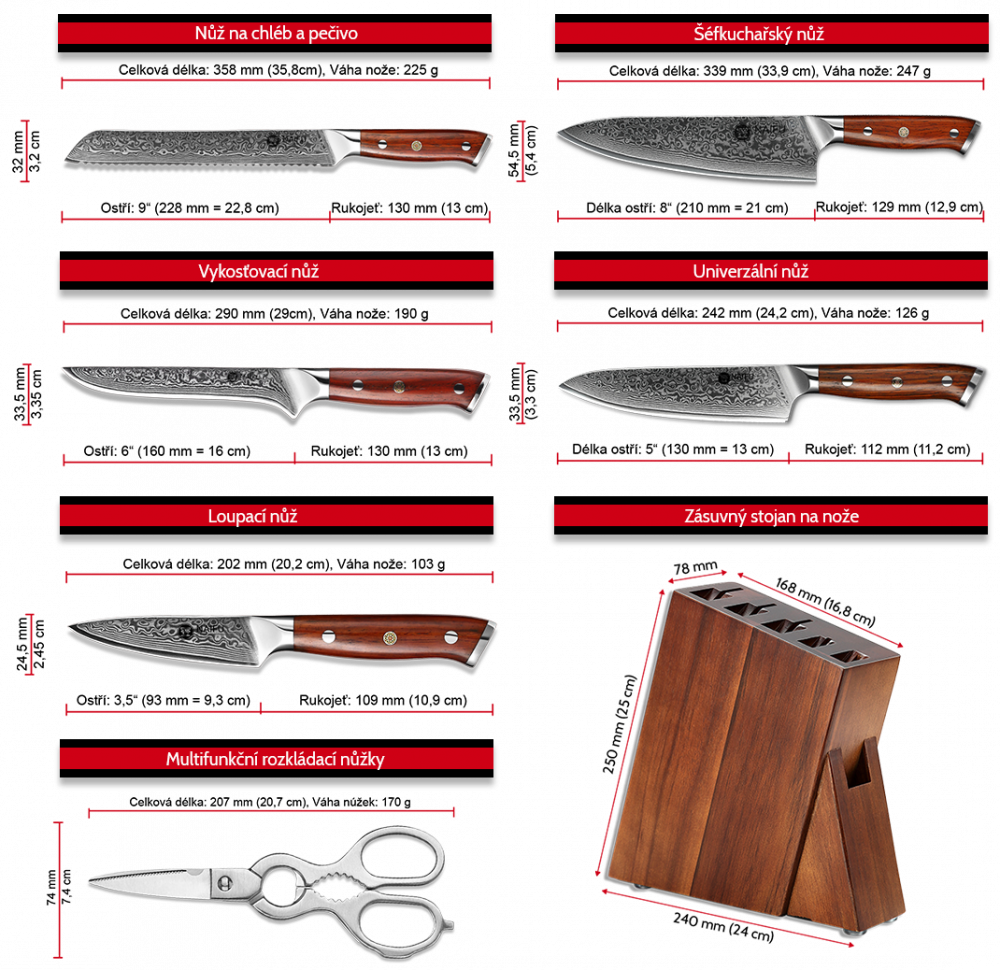 Rozměry nožů v pětidílné sadě NAIFU se zásuvným stojanem a nůžkami
