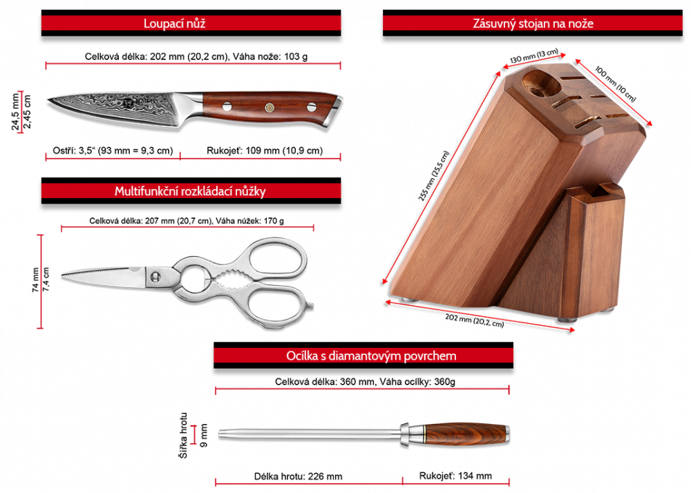 Rozměry nožů v pětidílné sadě NAIFU s ocílkou, zásuvným stojanem a nůžkami