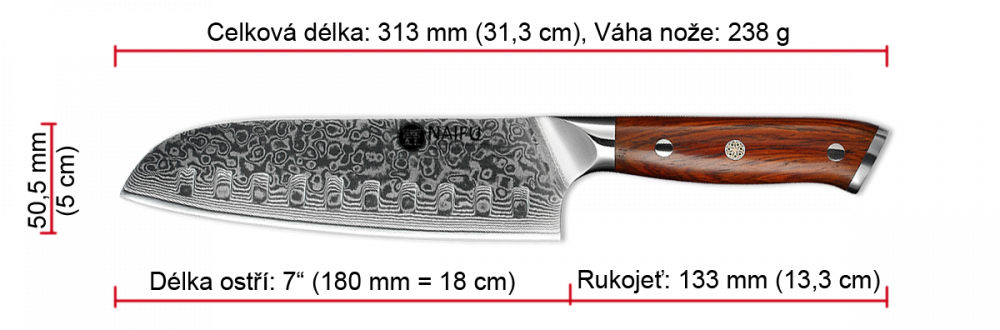 Santoku nůž NAIFU 7" 31 cm - rozměry