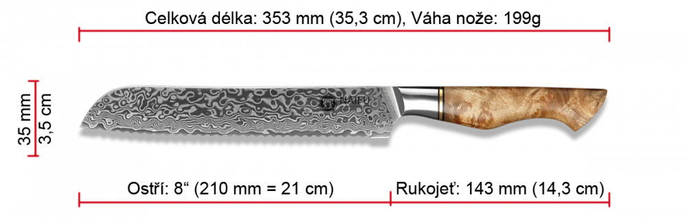 Rozměry nože na chléb a pečivo NAIFU řady MASTER