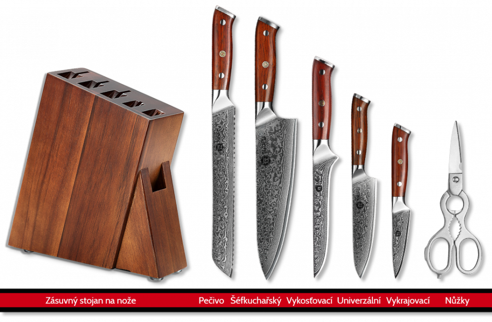 Sada pěti kuchařských nožů NAIFU se zásuvným stojanem a nůžkami