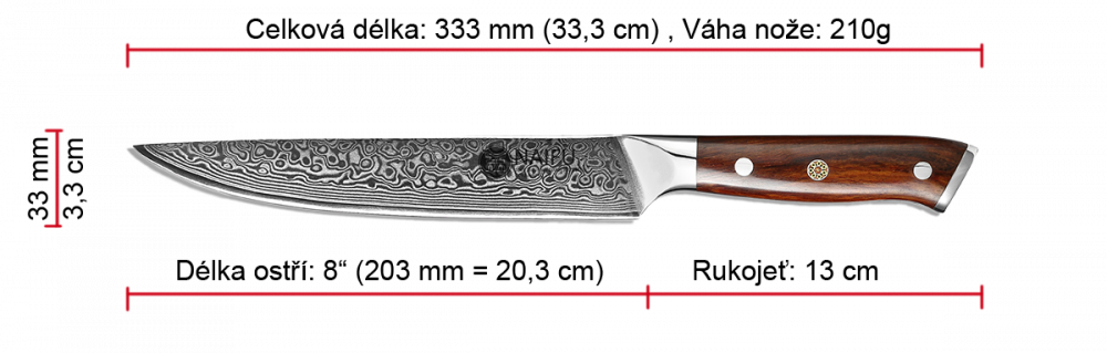 Plátkovací nůž NAIFU 8" 33,3 cm - rozměry