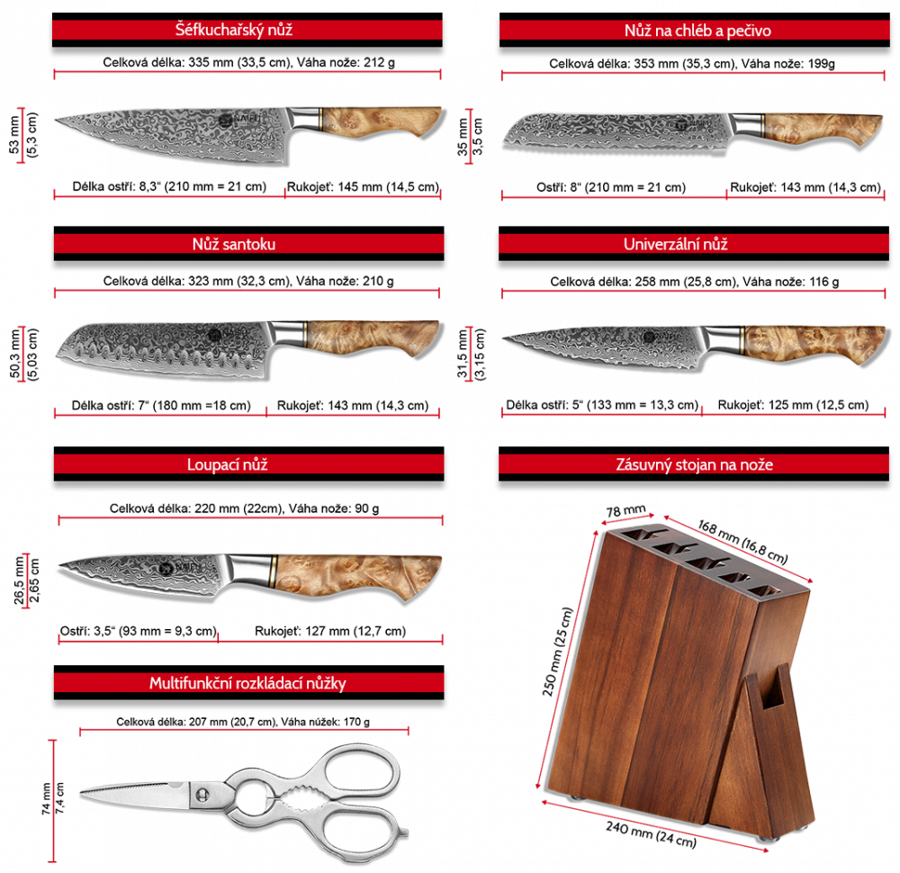 Rozměry nožů v pětidílné sadě NAIFU řady MASTER se zásuvným stojanem a nůžkami