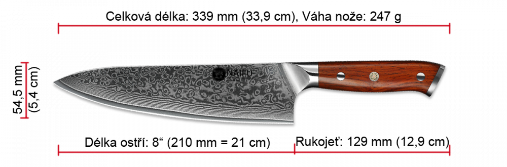 Šéfkuchařský nůž NAIFU 8" 33,9 cm - rozměry