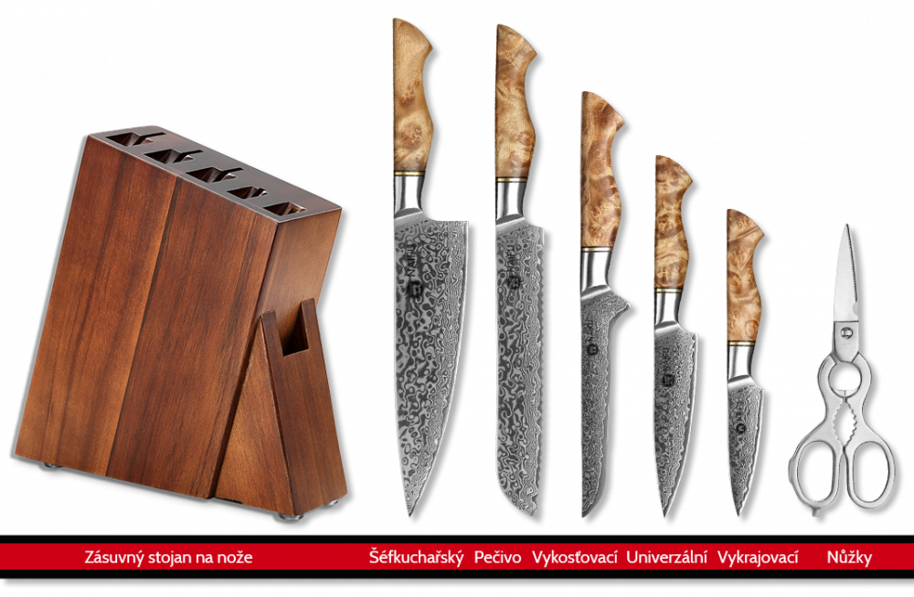 Sada pěti kuchařských nožů NAIFU řady MASTER se zásuvným stojanem a nůžkami