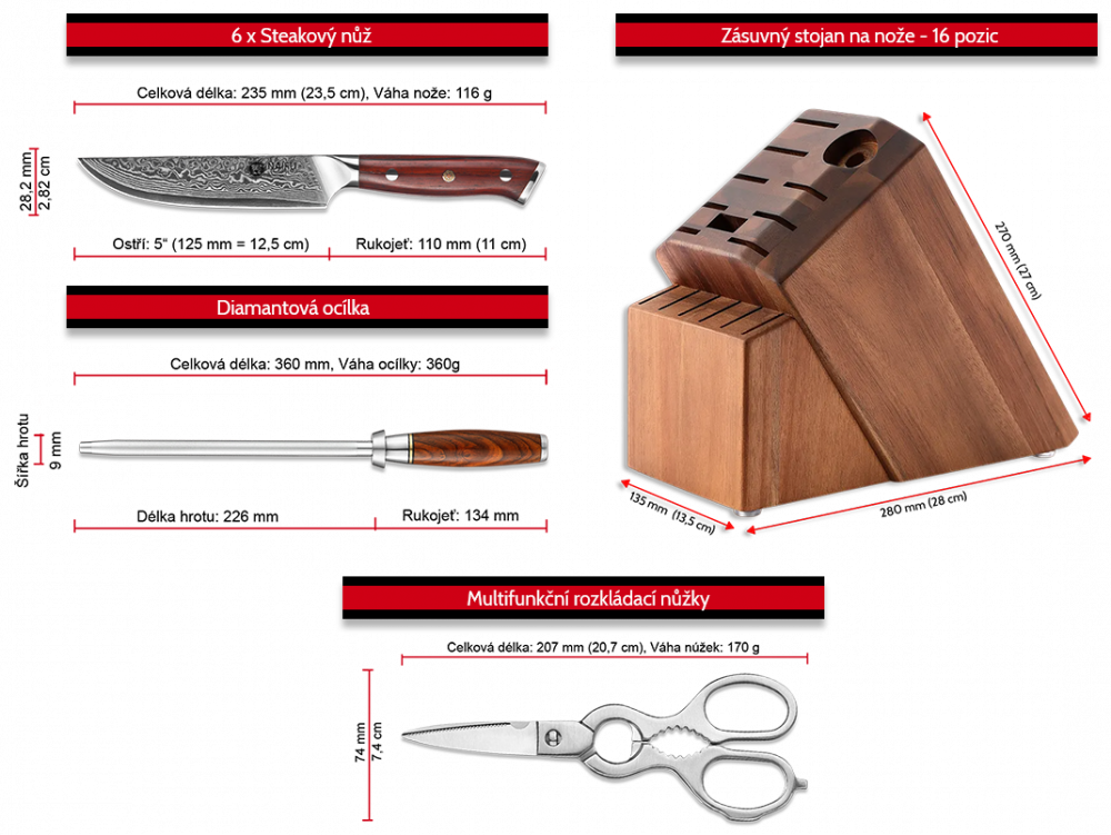Rozměry nožů v patnáctidílné sadě NAIFU s ocílkou, zásuvným stojanem a nůžkami
