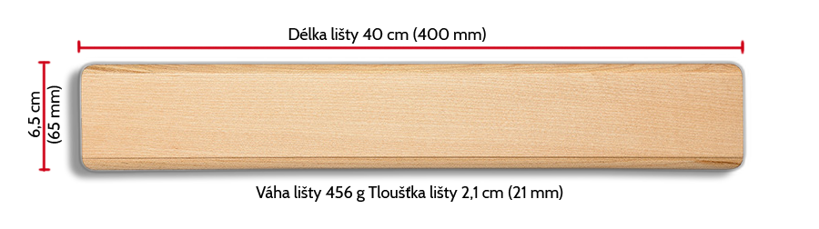 Rozměry magnetické lišty na nože z javorového dřeva NAIFU