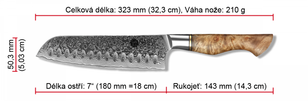 Rozměry nože santoku NAIFU MASTER 232mm
